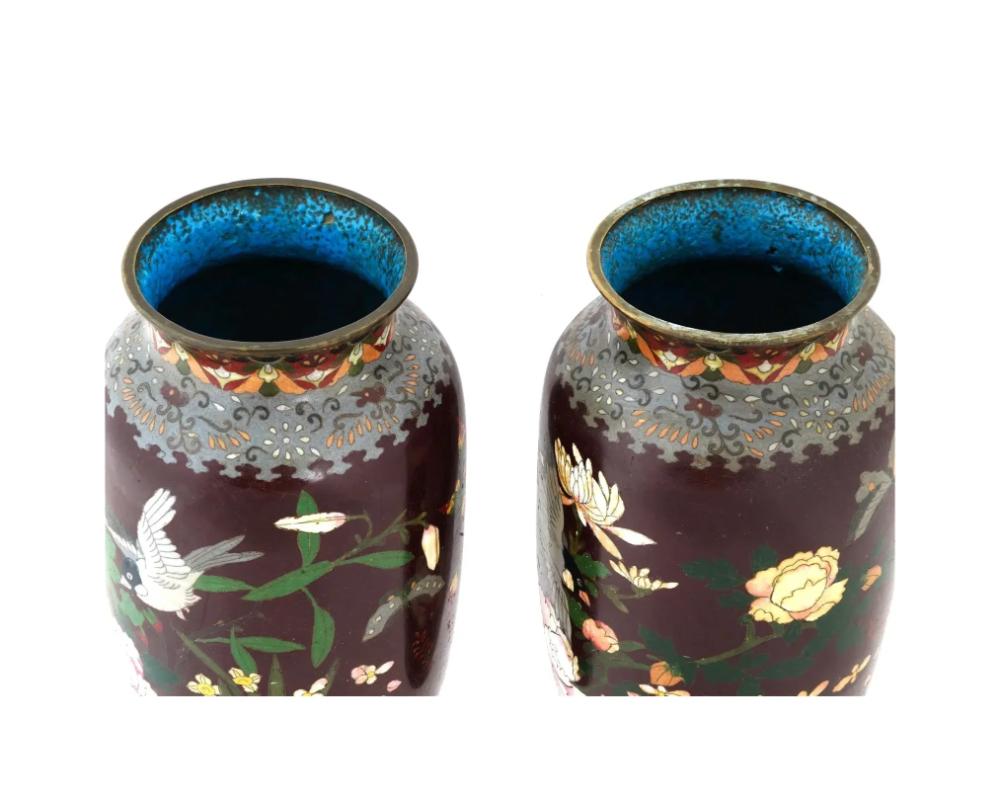 Antique Pair of Maroon Japanese Cloisonne Enamel Vases In Good Condition For Sale In New York, NY