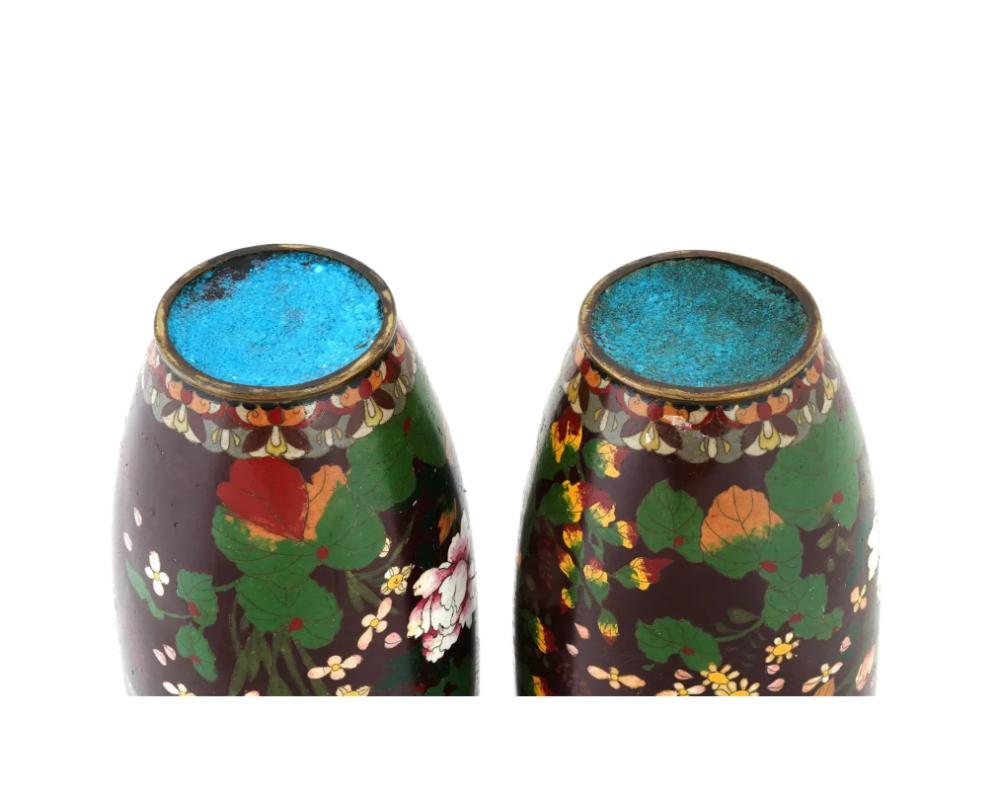 19th Century Antique Pair of Maroon Japanese Cloisonne Enamel Vases For Sale