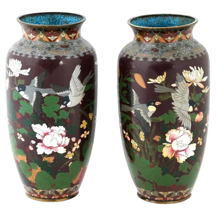 Antique Pair of Maroon Japanese Cloisonne Enamel Vases For Sale