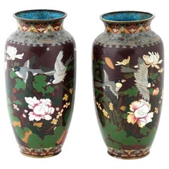 Antique Pair of Maroon Japanese Cloisonne Enamel Vases