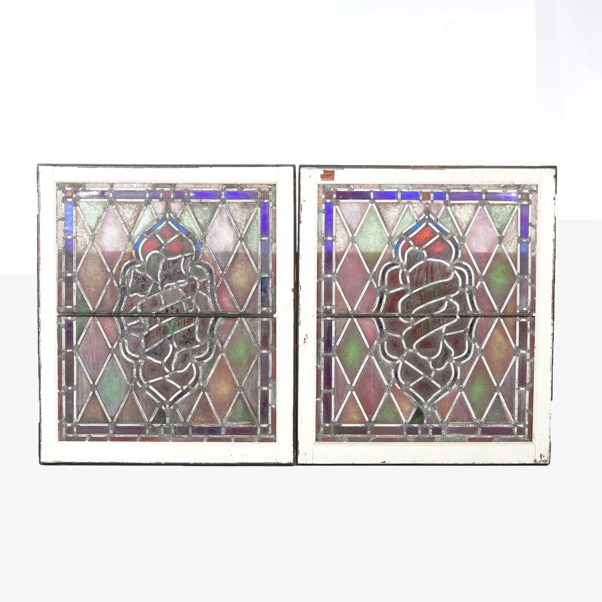 Arts and Crafts Antique Pair of Matching Arts & Crafts Leaded & Stained Glass Windows Circa 1900