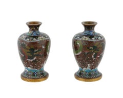 Antique Pair of Meiji Japanese Cloisonne Enamel Goldstone Dragon Vases