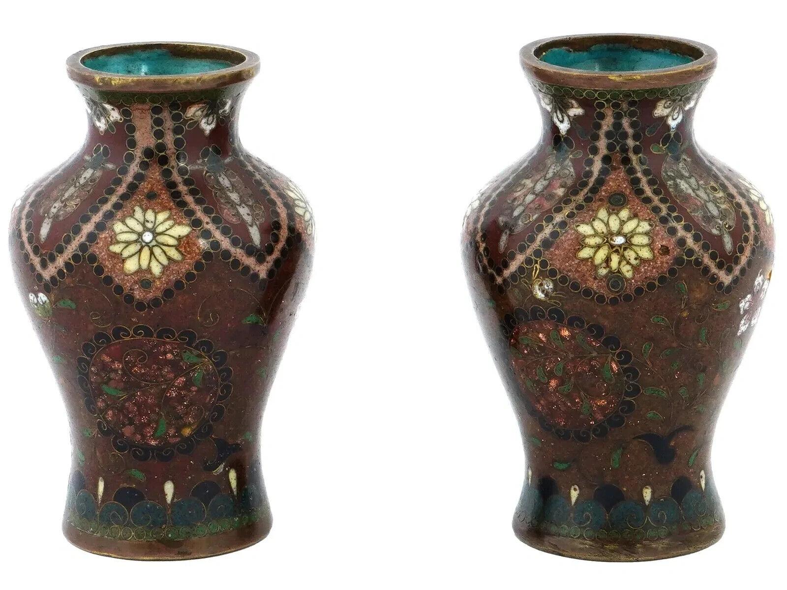Pareja Antigua De Jarrones Japoneses Meiji De Cloisonné Esmaltado Con Piedra De Oro Cloissoné en venta