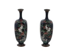 Antique Pair of Meiji Japanese Cloisonne Enamel Stork Blossoming Garden Vases At