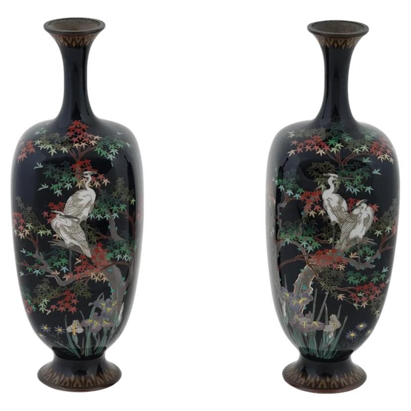 Antikes Paar japanische Meiji-Cloisonné-Emaille-Gartenvasen mit Stork-Blumenblüten aus der Meiji-Zeit