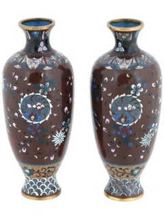 Antique Pair Of Meiji Japanese Cloisonne Enamel Vases