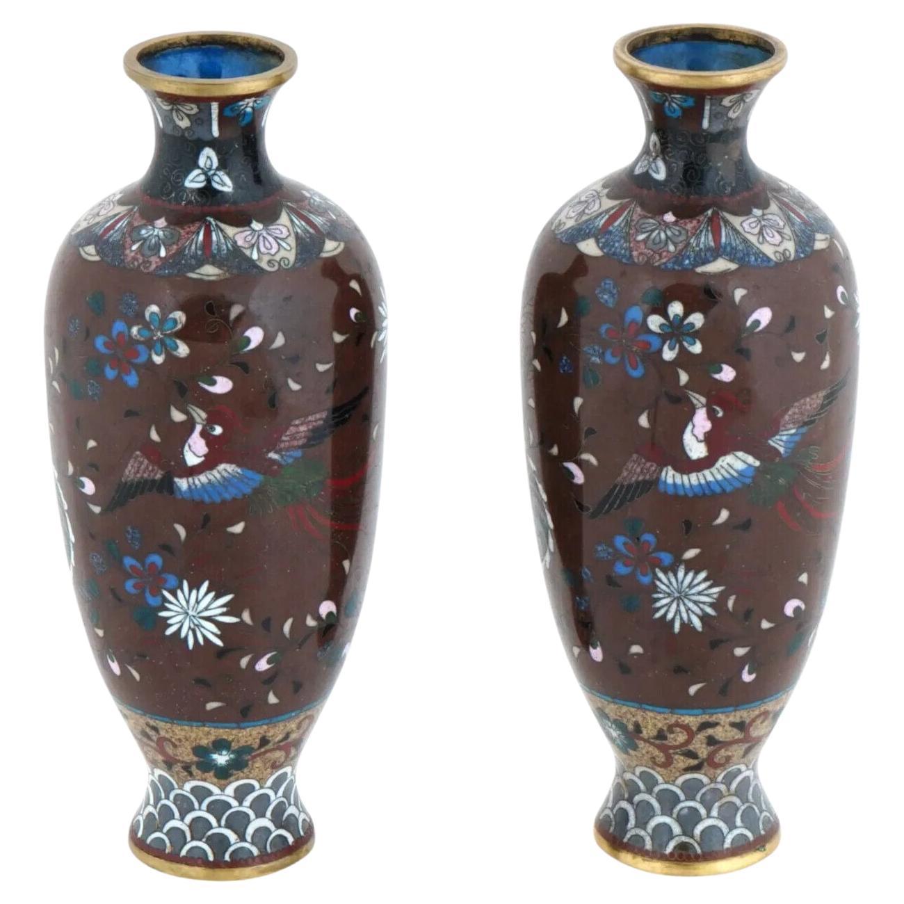 Pareja Antigua De Jarrones Japoneses Meiji De Esmalte Cloisonné