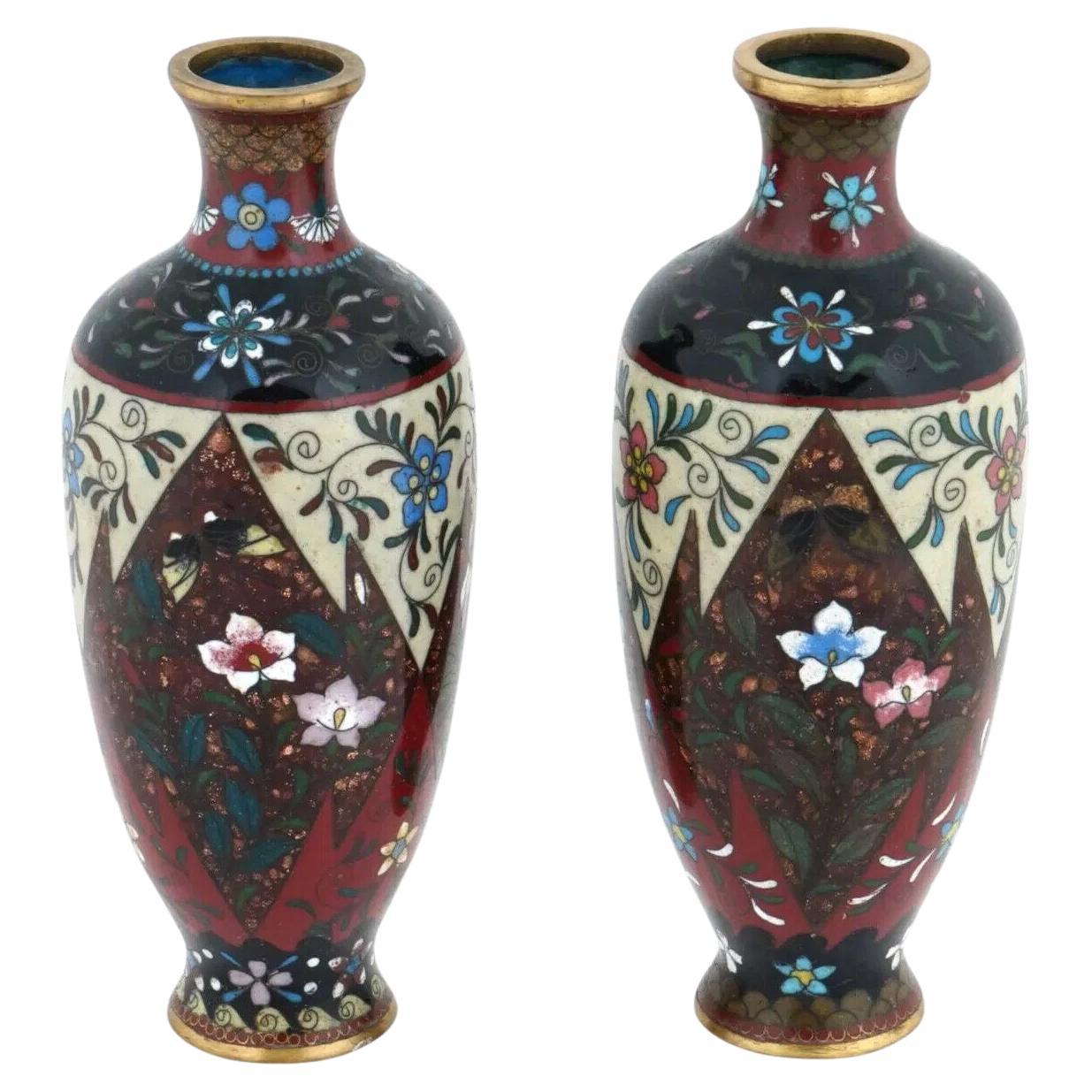 Pareja Antigua De Jarrones Japoneses Meiji De Esmalte Cloisonné