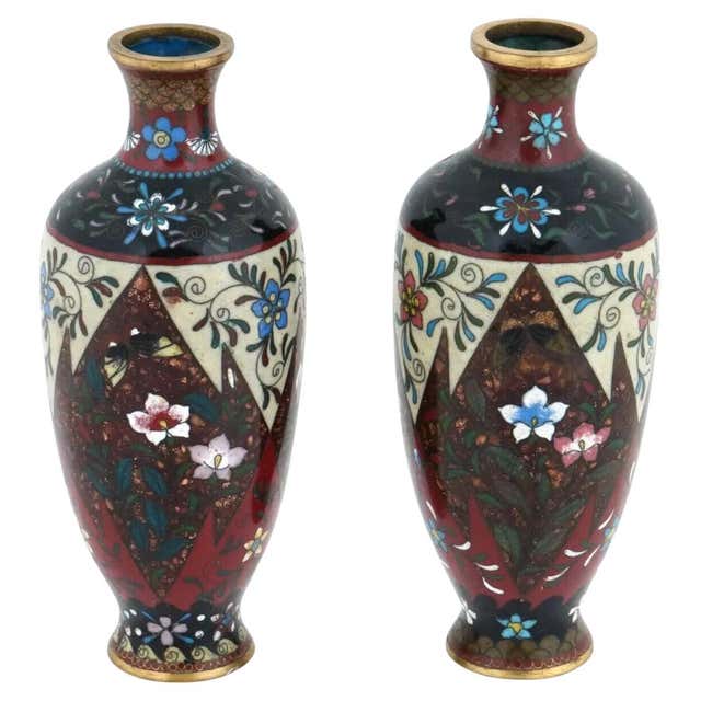 Antique Pair Of Meiji Japanese Cloisonne Enamel Goldstone Vases For ...