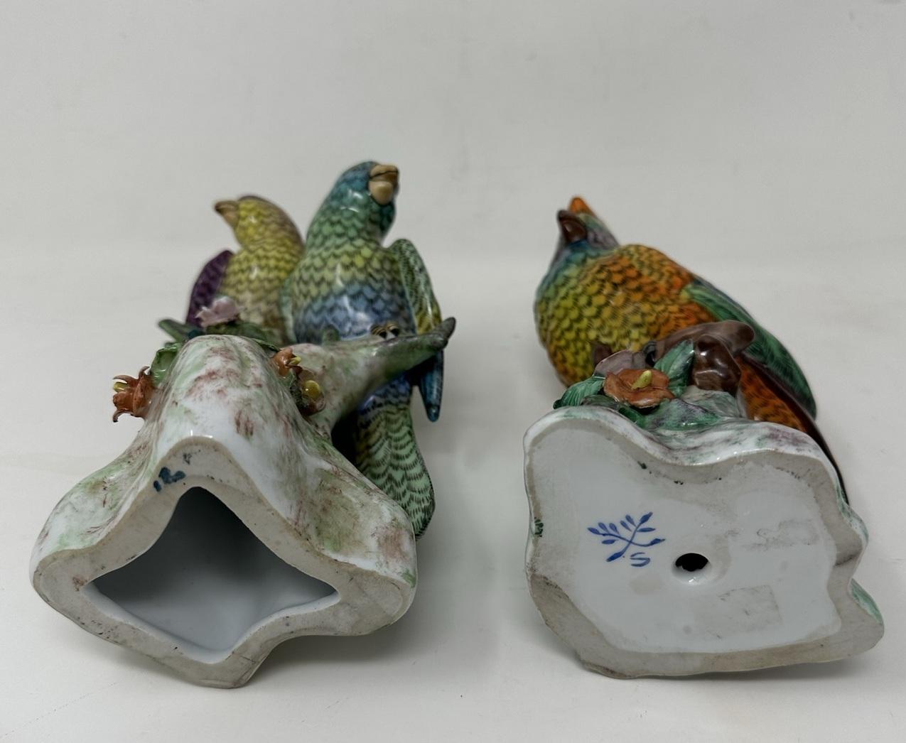 Antique Pair of Meissen Style Continental Parrots Birds Green Gilt, 19th Century 4