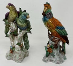 Antique Pair of Meissen Style Continental Parrots Birds Green Gilt, 19th Century