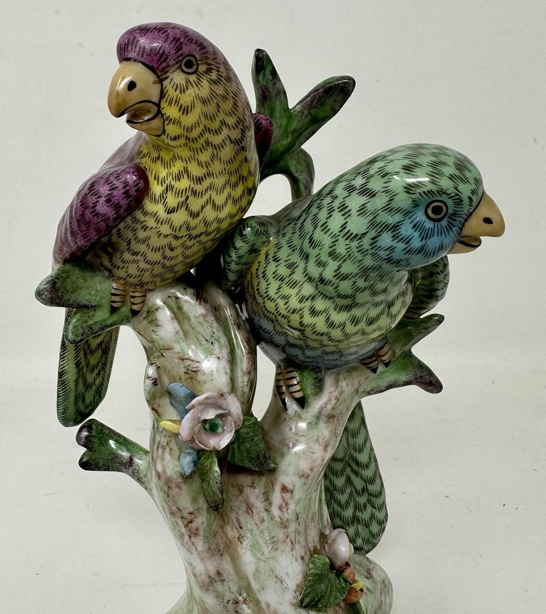 Ceramic Antique Pair of Meissen Style Continental Parrots Birds Green Gilt, 19th Century