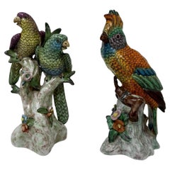 Antique Pair of Meissen Style Continental Parrots Birds Green Gilt, 19th Century