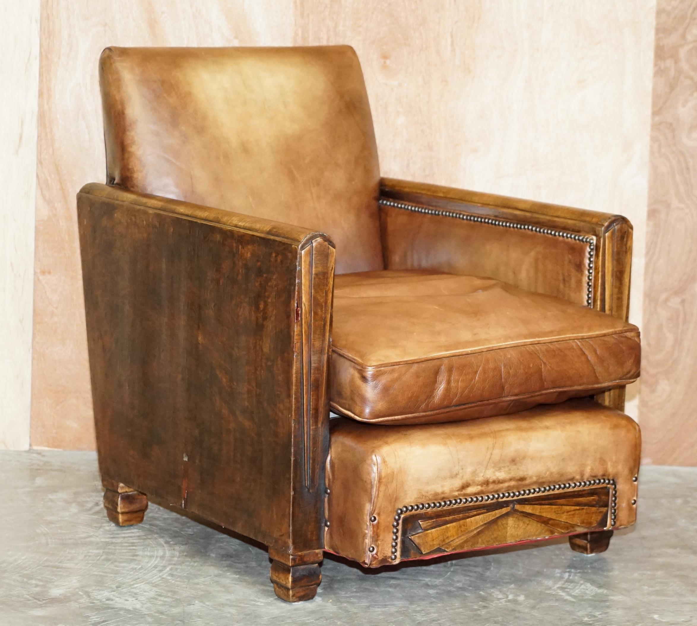 Antique Pair of Metropolitan Art Deco 1920 Hand Dyed Brown Leather Armchairs For Sale 8
