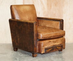 Antique Pair of Metropolitan Art Deco 1920 Hand Dyed Brown Leather Armchairs