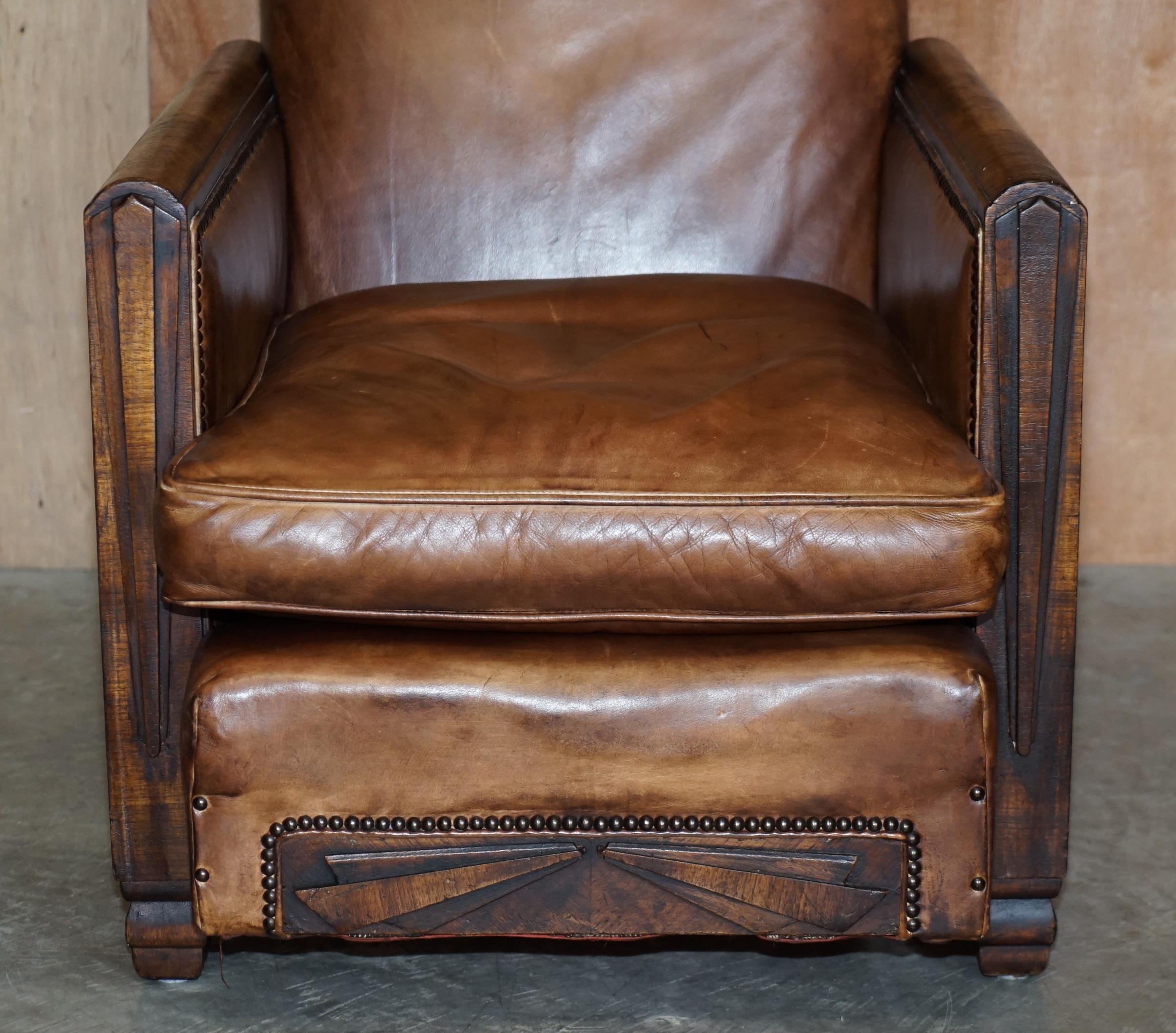 Antique Pair of Metropolitan Art Deco 1920 Hand Dyed Brown Leather Armchairs For Sale 2