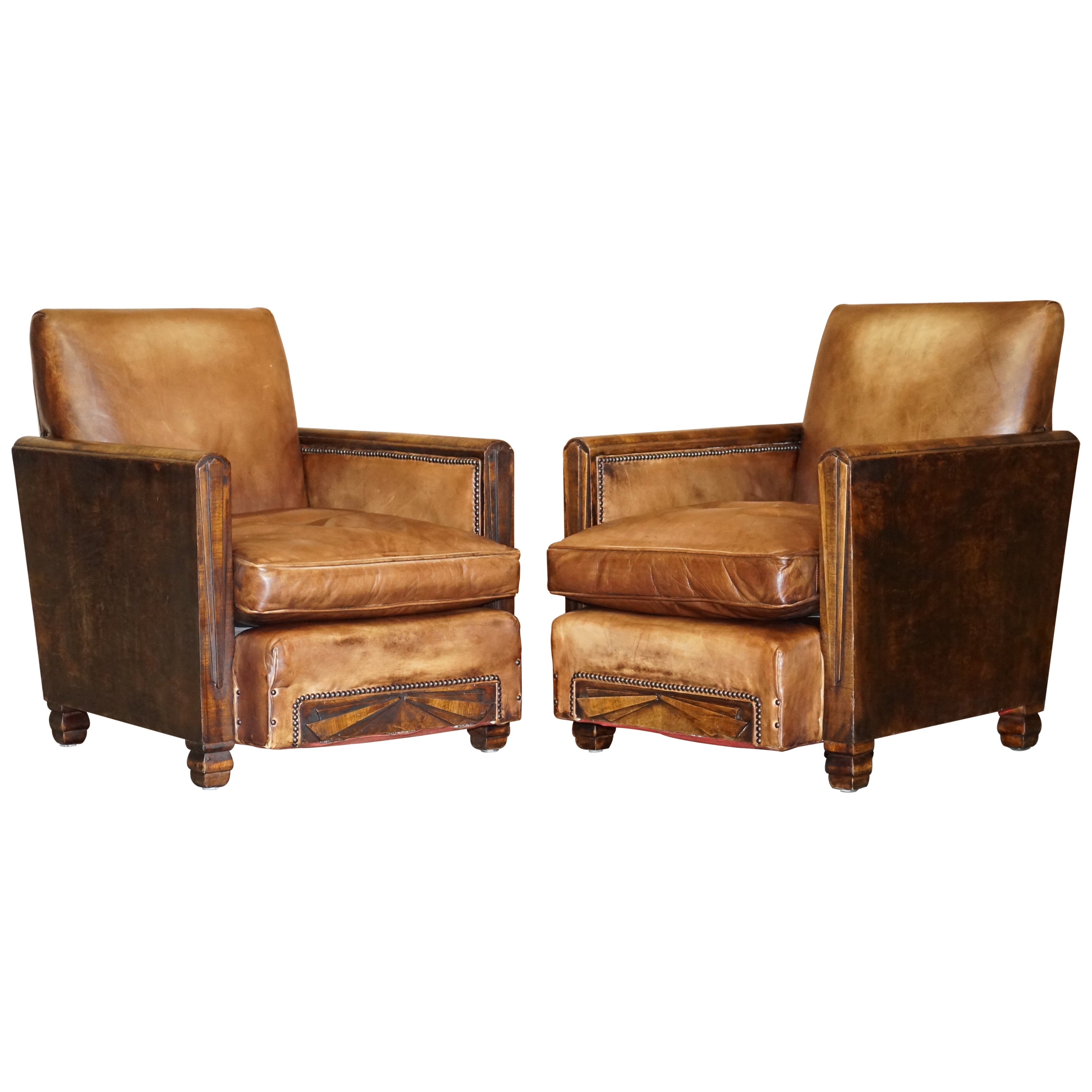 Antica coppia di poltrone Metropolitan Art Deco 1920 in pelle marrone tinta a mano