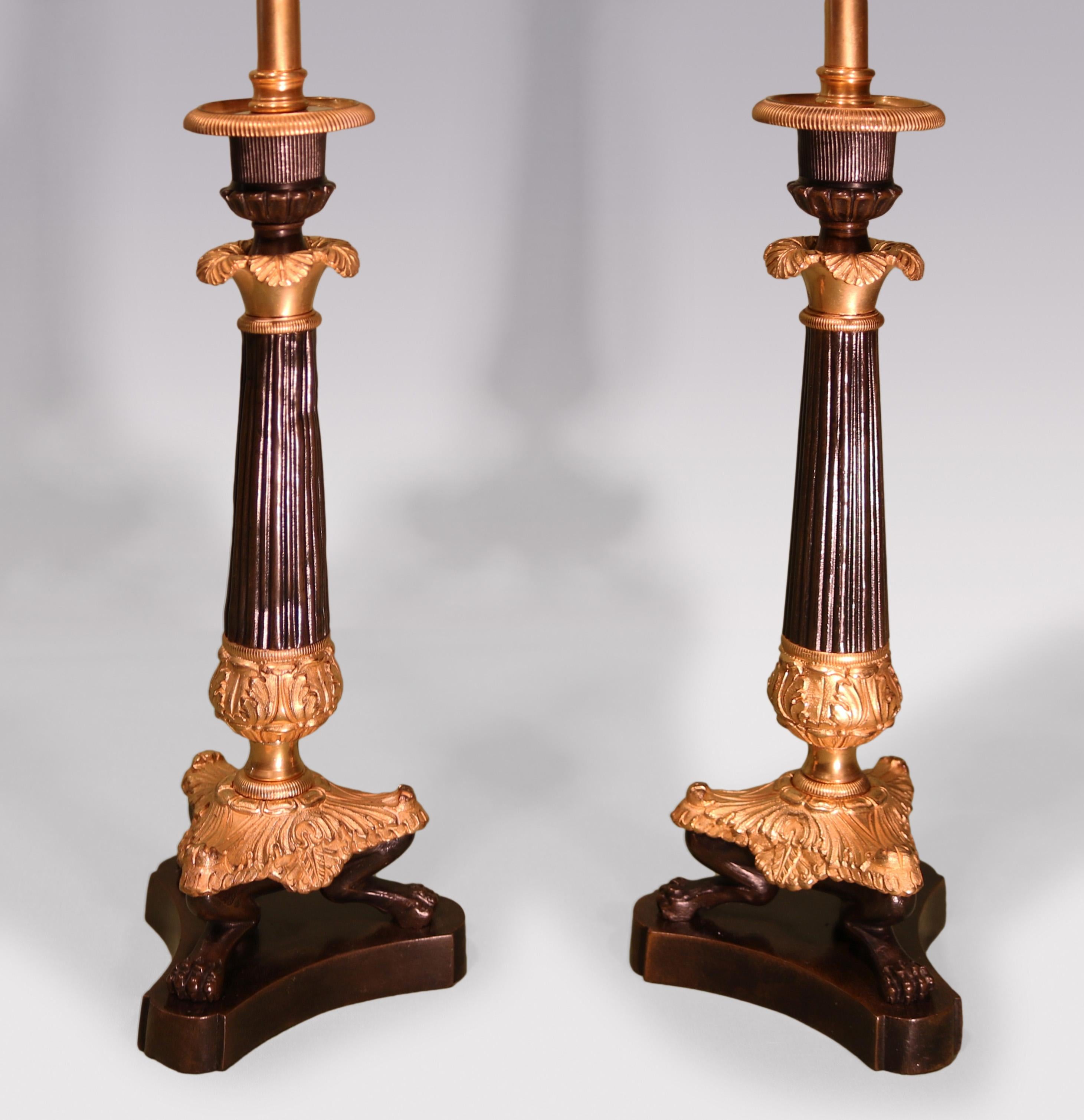 Antique Pair of Mid-19th Century Bronze and Ormolu Candlestick Lamps In Good Condition For Sale In London, GB