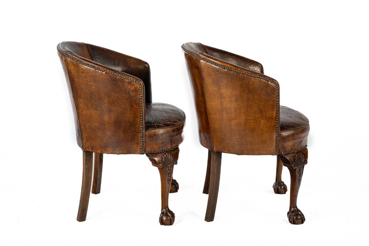 Anglais Paire de fauteuils Chippendale anglais du milieu du 19ème siècle, marron chaud, anciens en vente