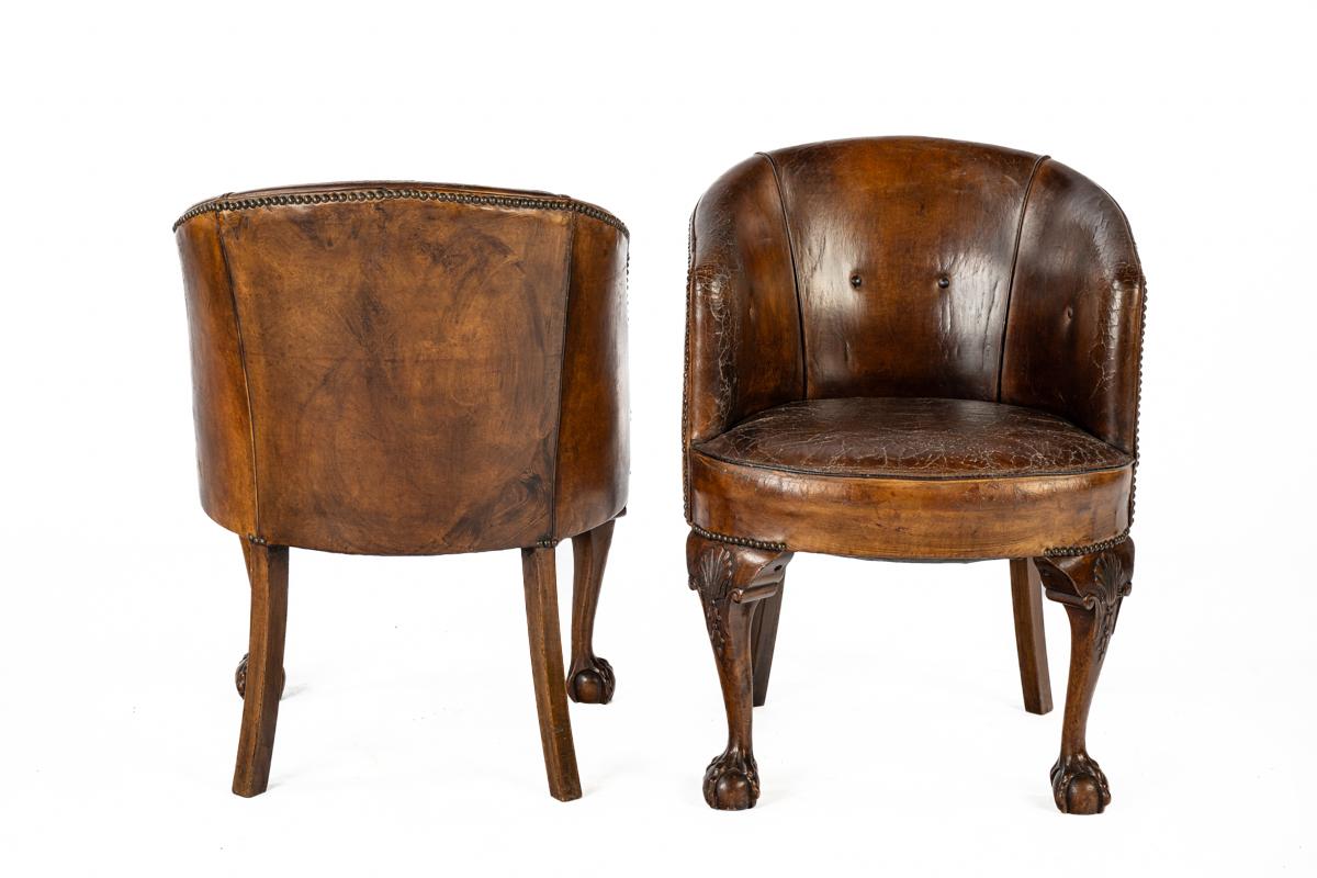 Paire de fauteuils Chippendale anglais du milieu du 19ème siècle, marron chaud, anciens Bon état - En vente à Casteren, NL