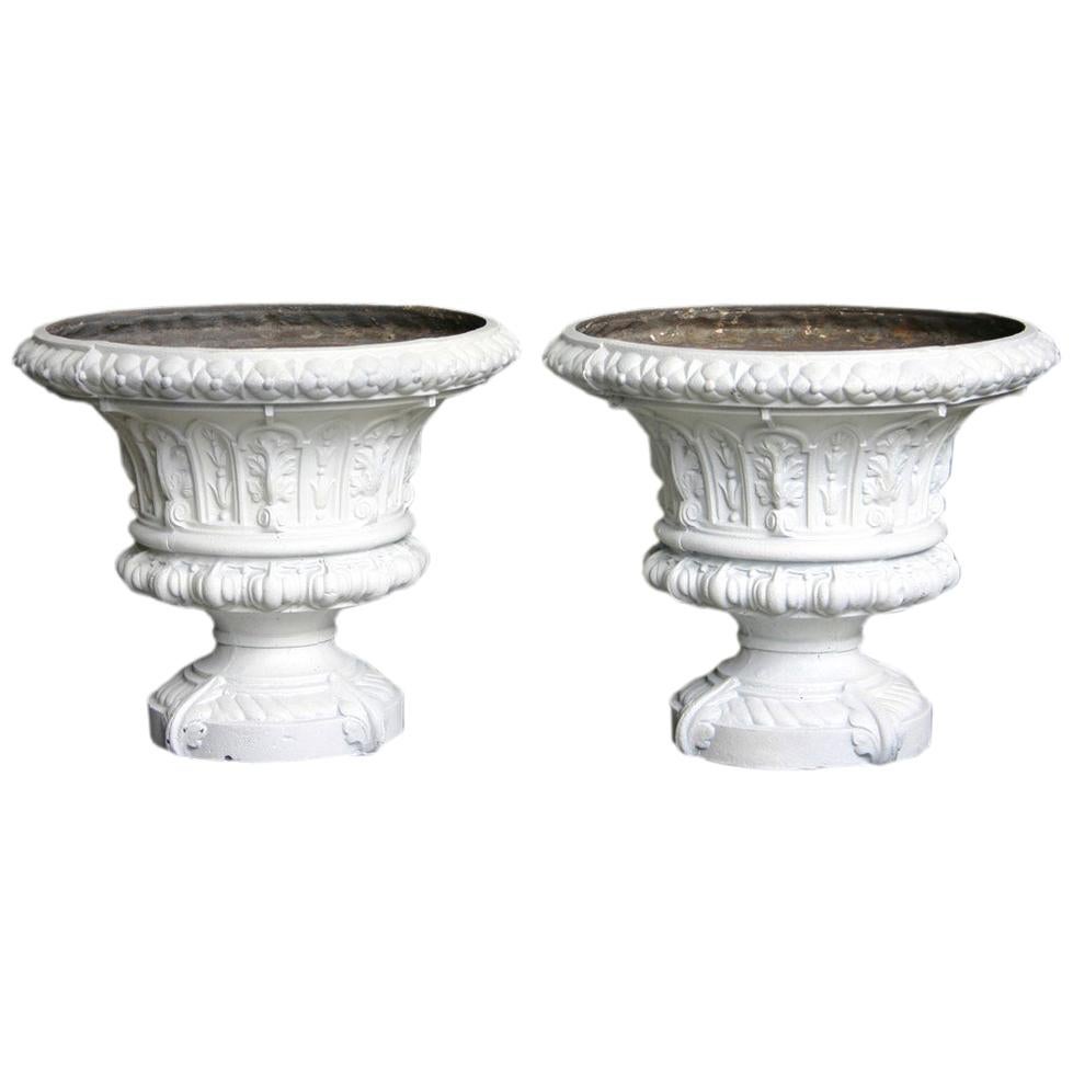 Antique Pair of Mid-Victorian Cast Iron Garden Urns For Sale