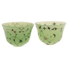 Antique Pair of Middle Eastern Islamic Hand-Painted Jade Tea Bowls 19th Century