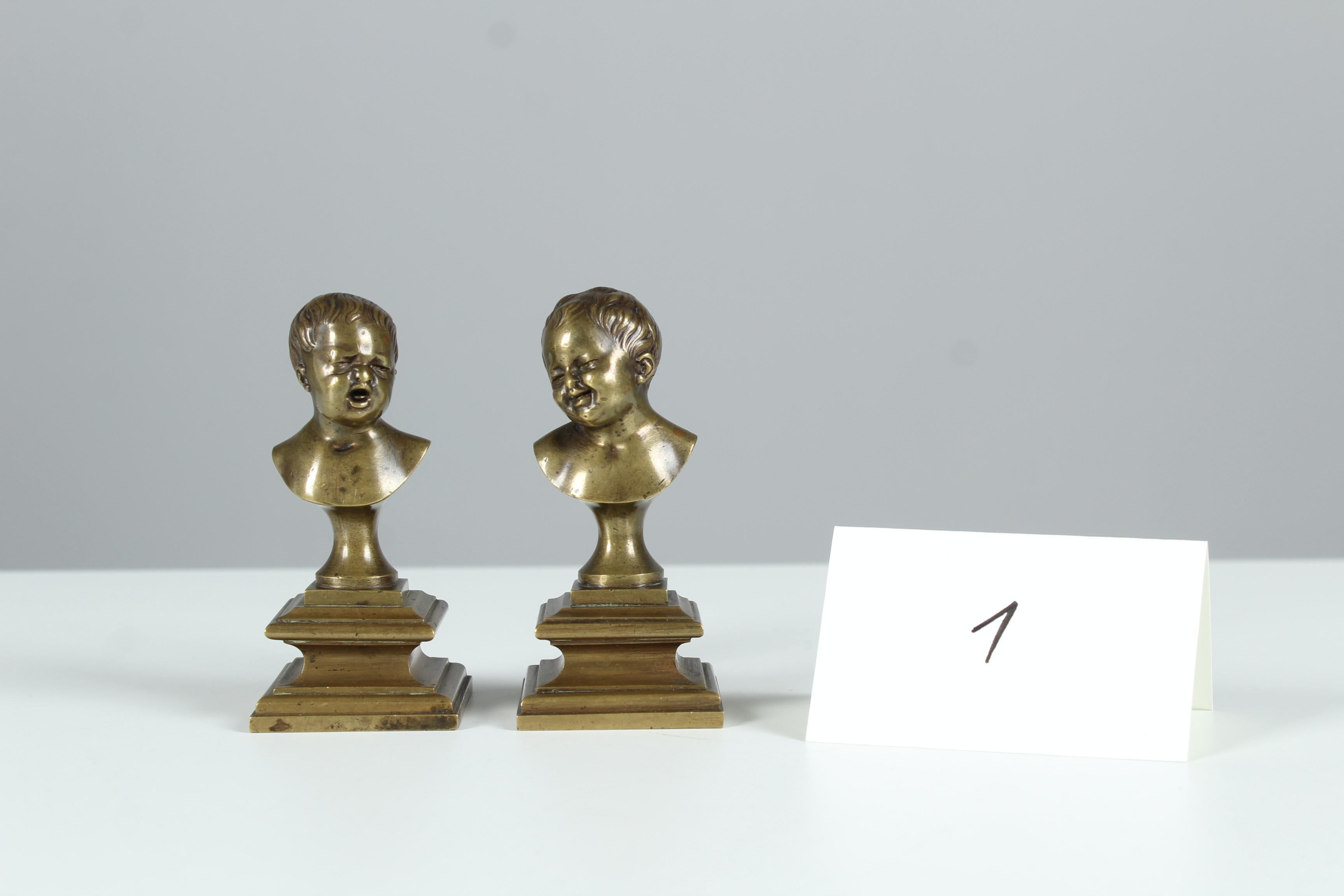 Antique Pair of Miniature Bronze Busts, Children Laughing and Crying, Late 19th For Sale 3