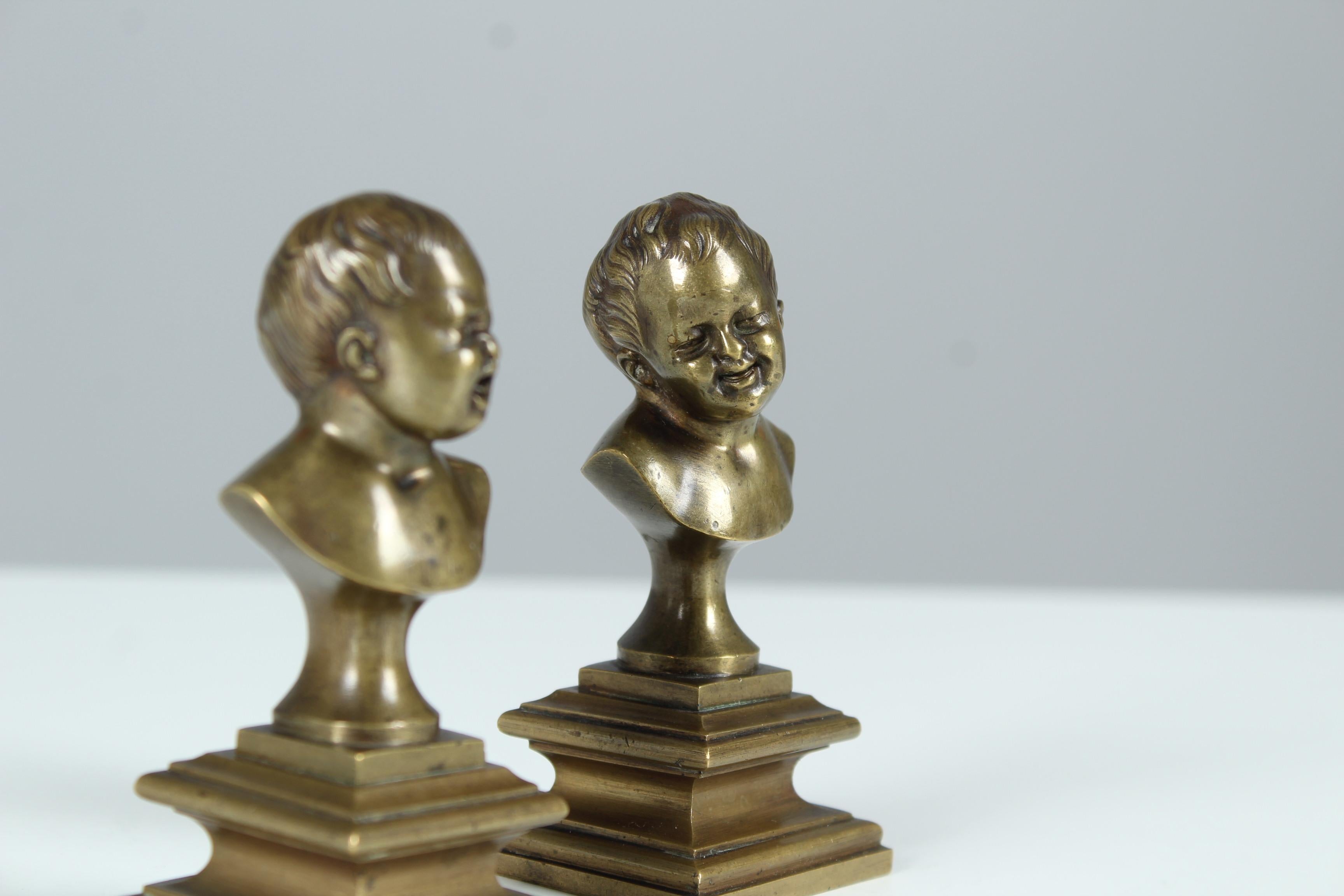 Antique Pair of Miniature Bronze Busts, Children Laughing and Crying, Late 19th For Sale 4