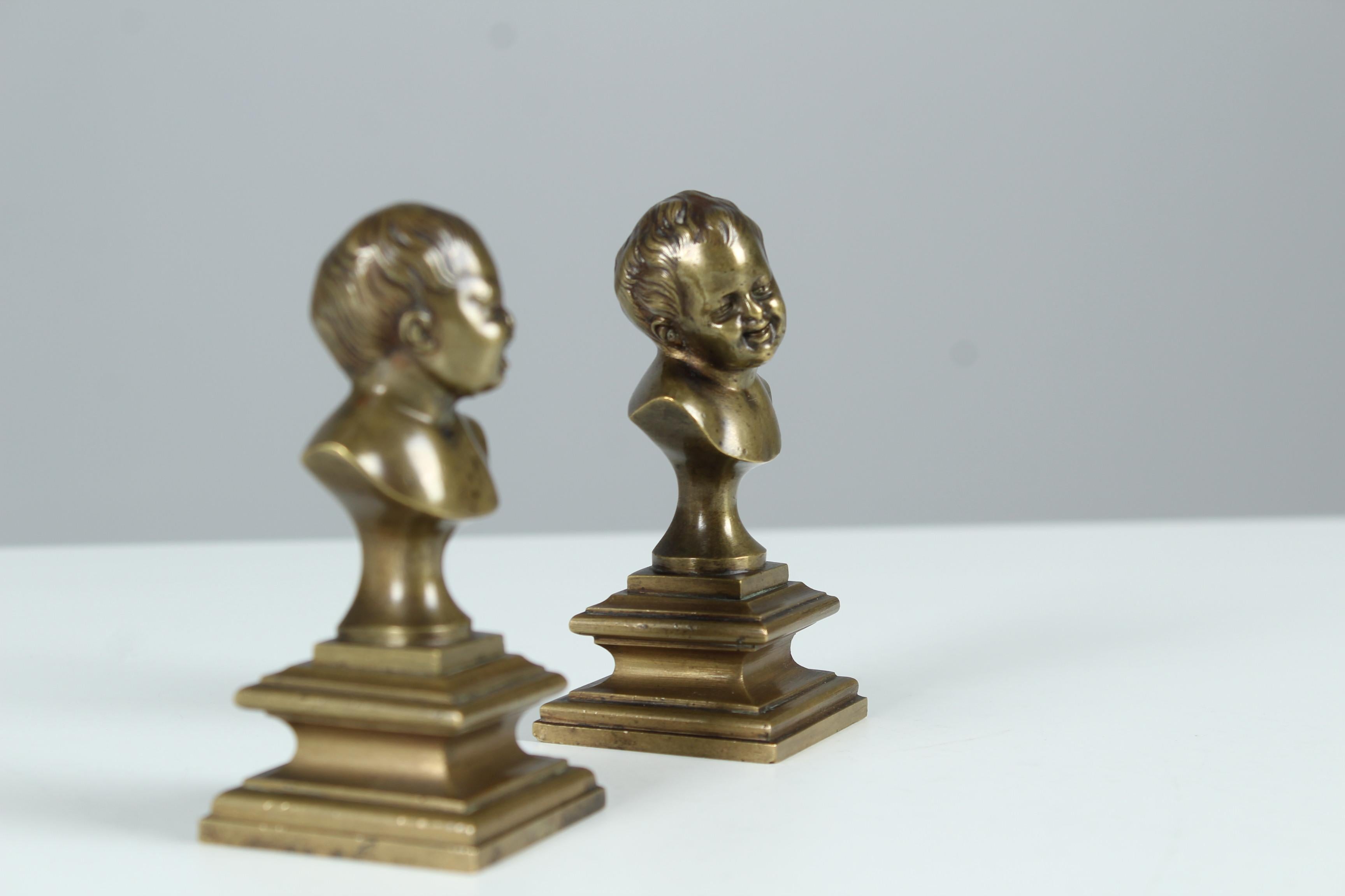 Antique Pair of Miniature Bronze Busts, Children Laughing and Crying, Late 19th For Sale 5