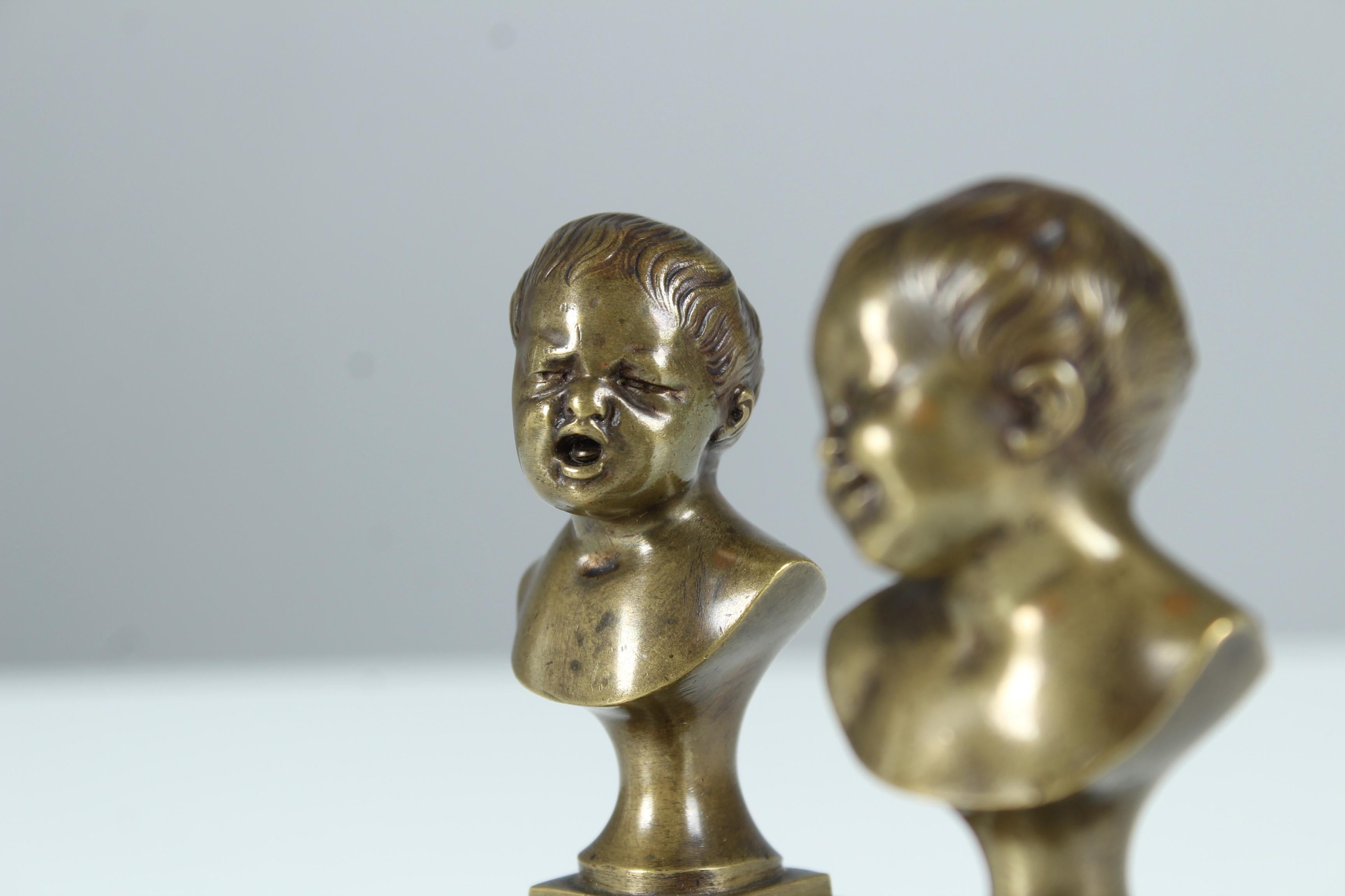 Victorian Antique Pair of Miniature Bronze Busts, Children Laughing and Crying, Late 19th For Sale