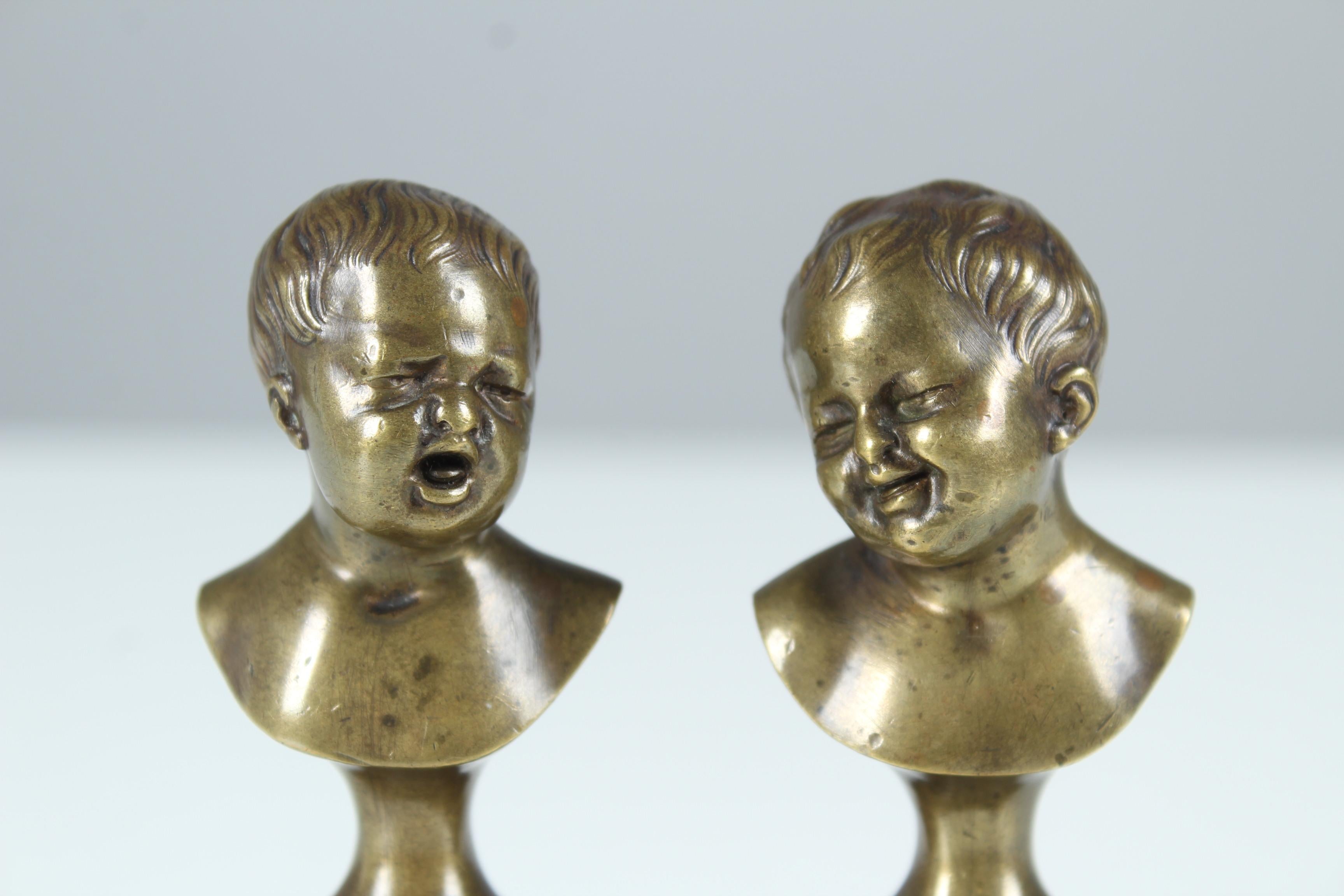 French Antique Pair of Miniature Bronze Busts, Children Laughing and Crying, Late 19th For Sale