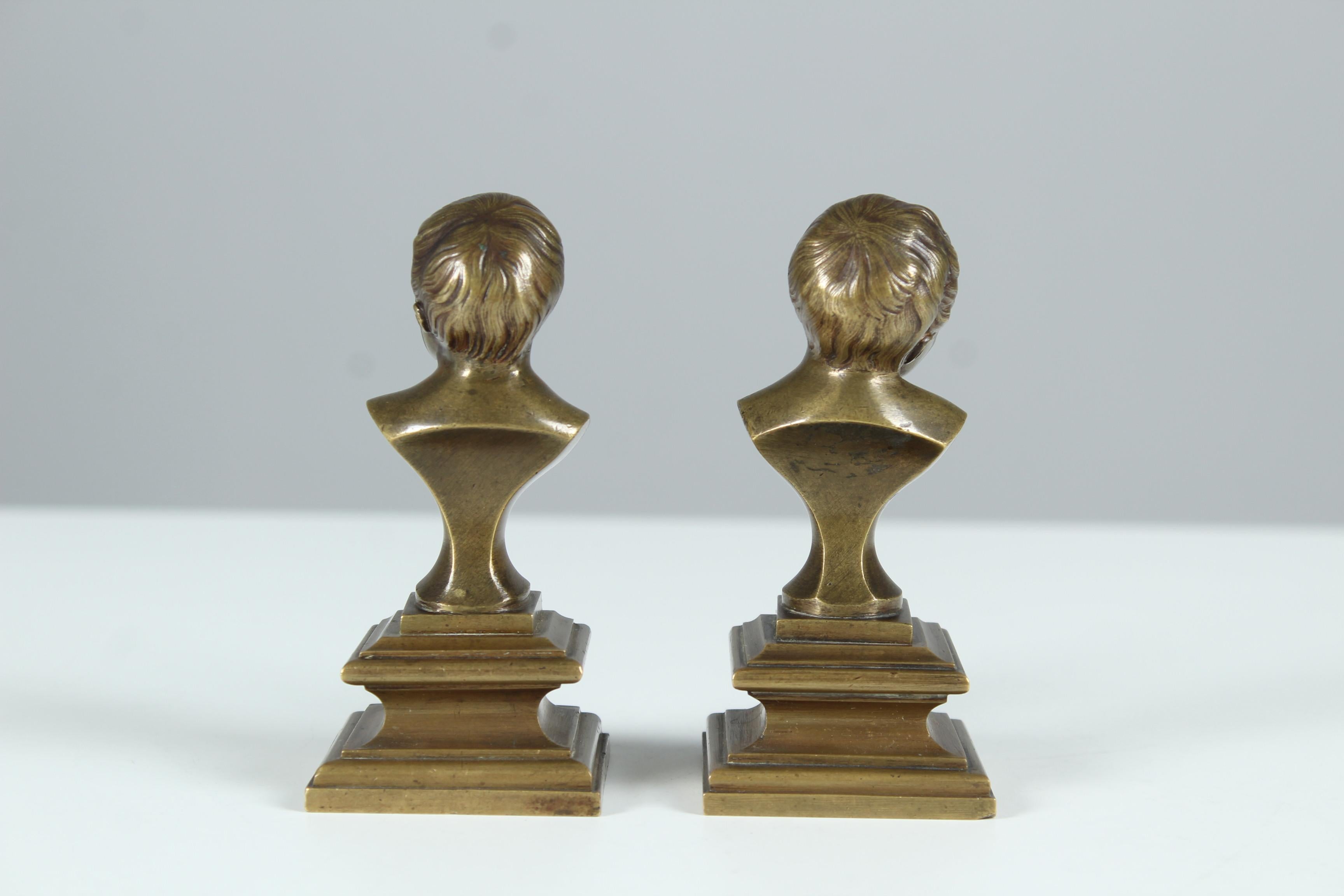 Polished Antique Pair of Miniature Bronze Busts, Children Laughing and Crying, Late 19th For Sale