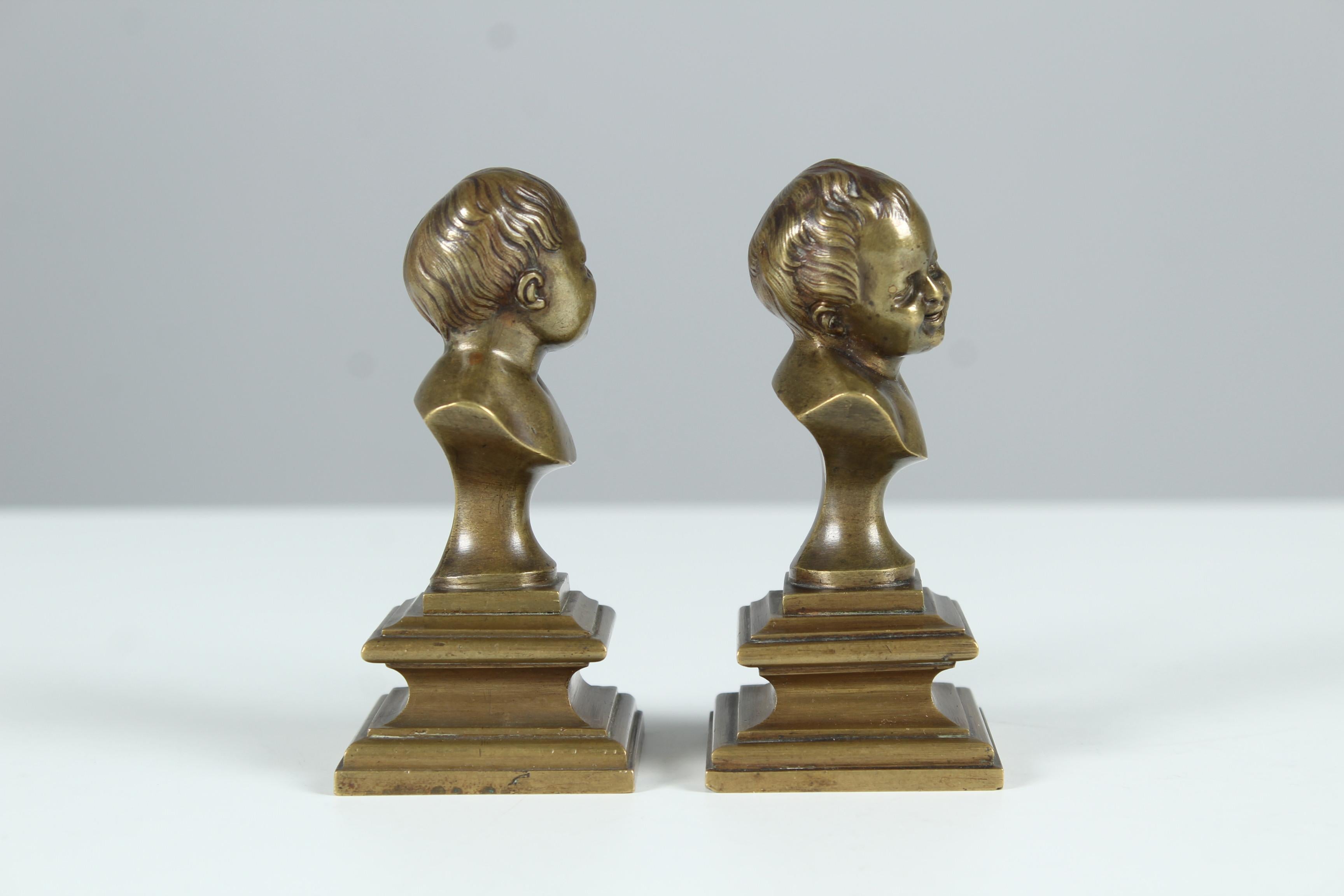 Late 19th Century Antique Pair of Miniature Bronze Busts, Children Laughing and Crying, Late 19th For Sale