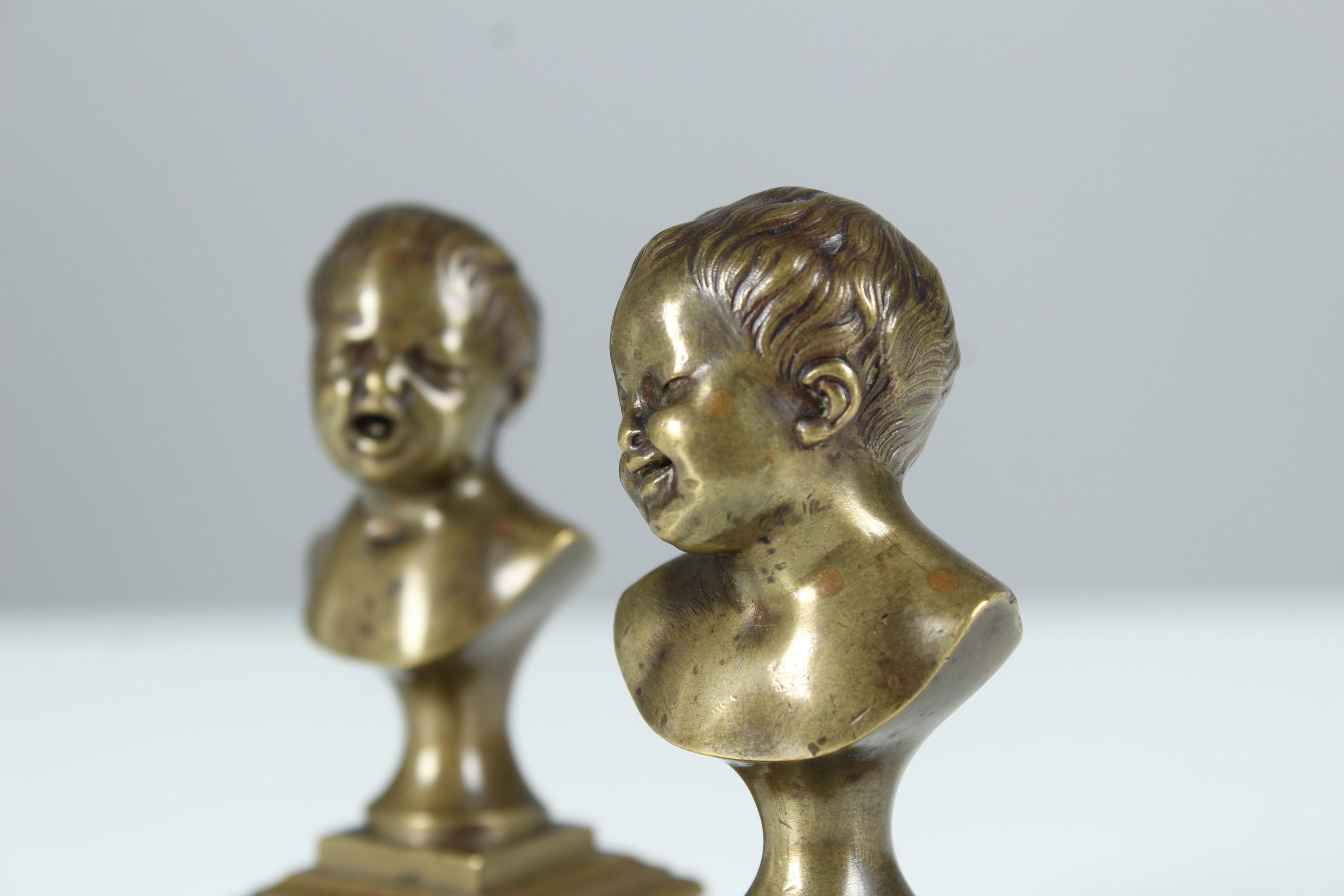 Antique Pair of Miniature Bronze Busts, Children Laughing and Crying, Late 19th For Sale 2