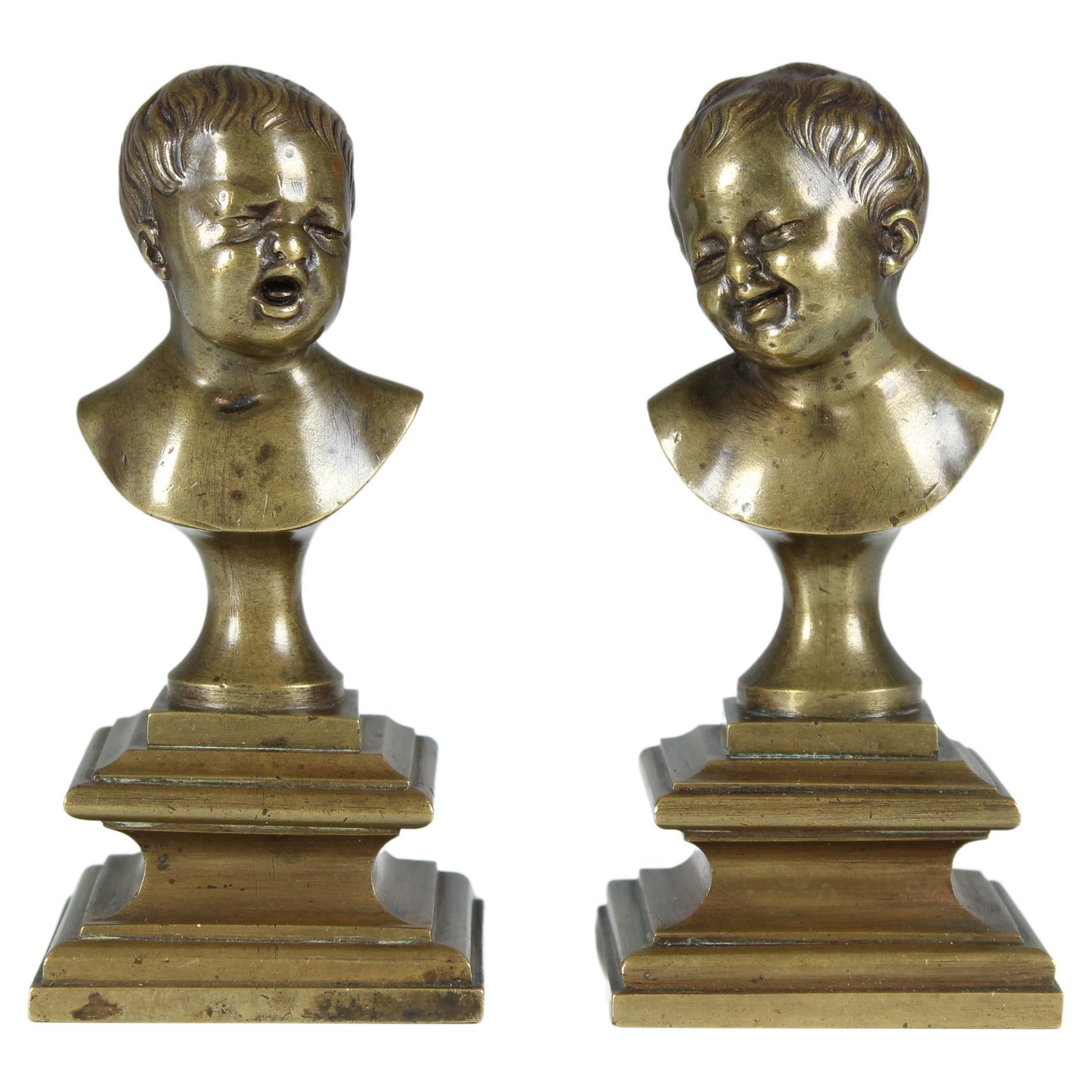 Antique Pair of Miniature Bronze Busts, Children Laughing and Crying, Late 19th For Sale