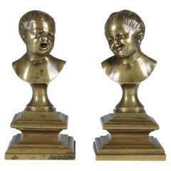 Antique Pair of Miniature Bronze Busts, Children Laughing and Crying, Late 19th