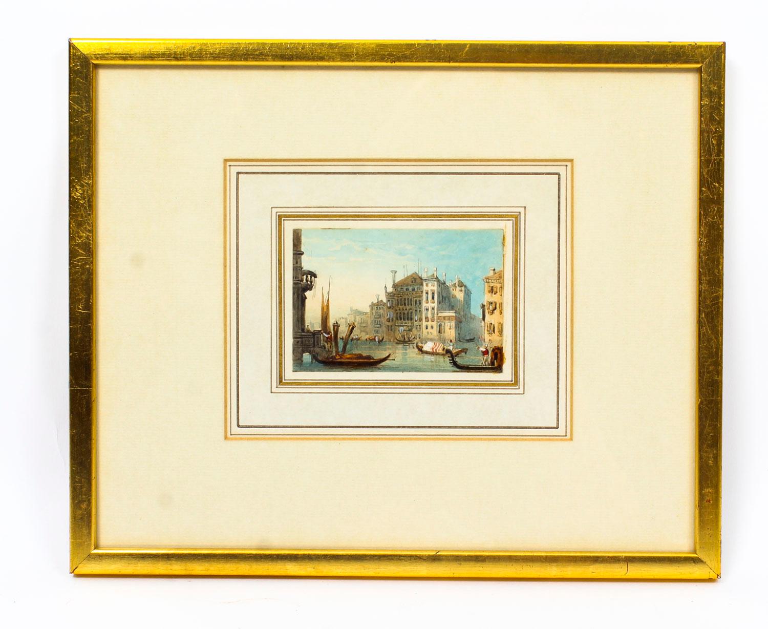 This beautiful pair of miniature antique watercolors by Samuel Prout (1783–1852) date from circa 1820.

They depict the period view down the Piazza San MarCo of the Grand Canal, the Marciana Library and the Doge's Palace, with the Columns of San