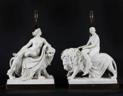 Antique Pair of Minton Parian Porcelain Figure Sculpture Groups Lamps, 19th C