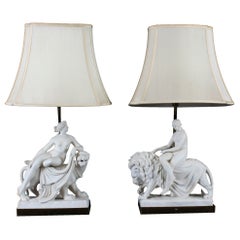 Antique Pair of Minton Parian Porcelain Figure Sculpture Groups Lamps, 19th C