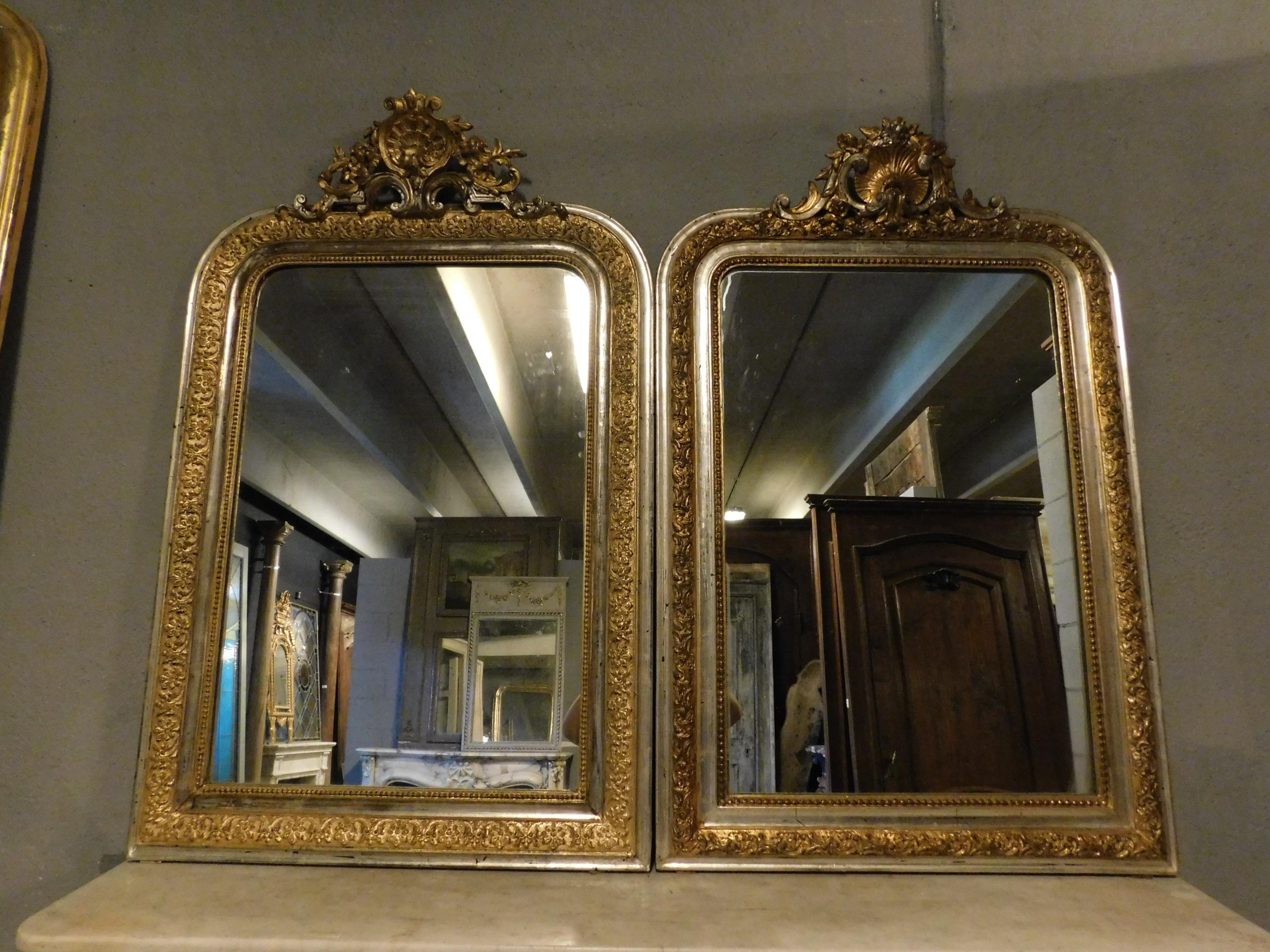 Italian Antique Pair of Mirrors in Gilded and Silvered Wood, 19th Century, Italy