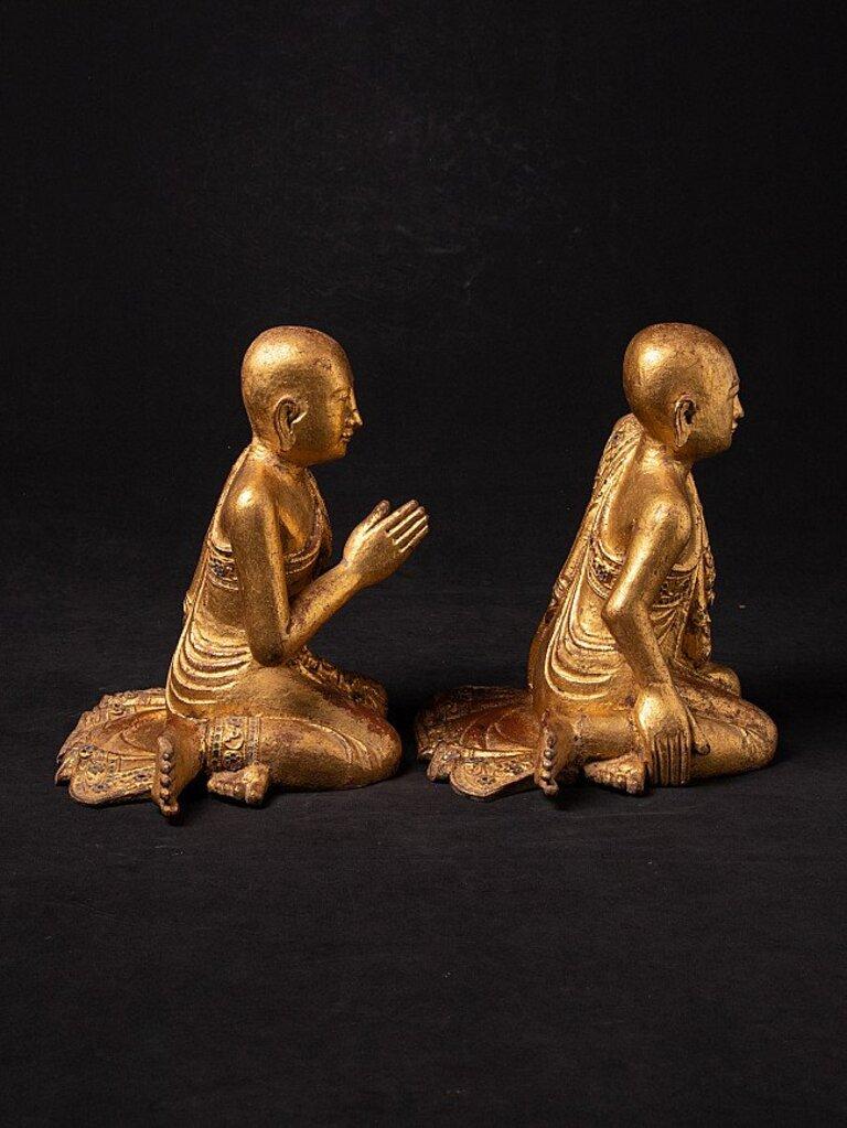 Wood Antique Pair of Monk Statues from Burma For Sale