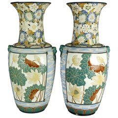 Antique Pair of Monumental Chinese Enameled and Embossed Ceramic Floor Vases