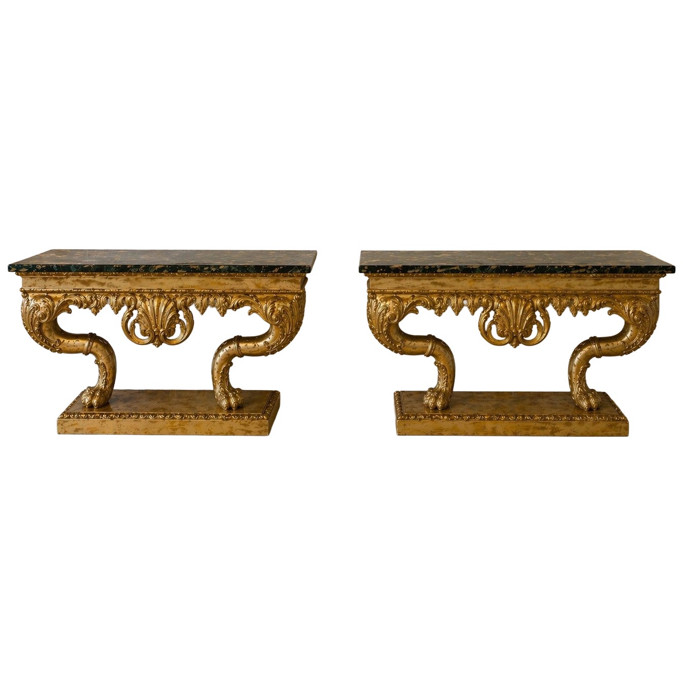 Antique Pair of Monumental Italian Baroque Revival Giltwood Console Tables