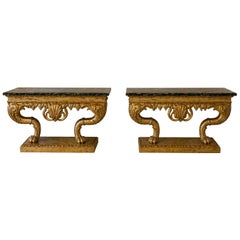 Antique Pair of Monumental Italian Baroque Revival Giltwood Console Tables