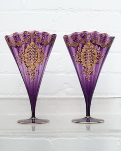 Antique Pair of Moser Amethyst Fan Vases with Elaborate Gilding