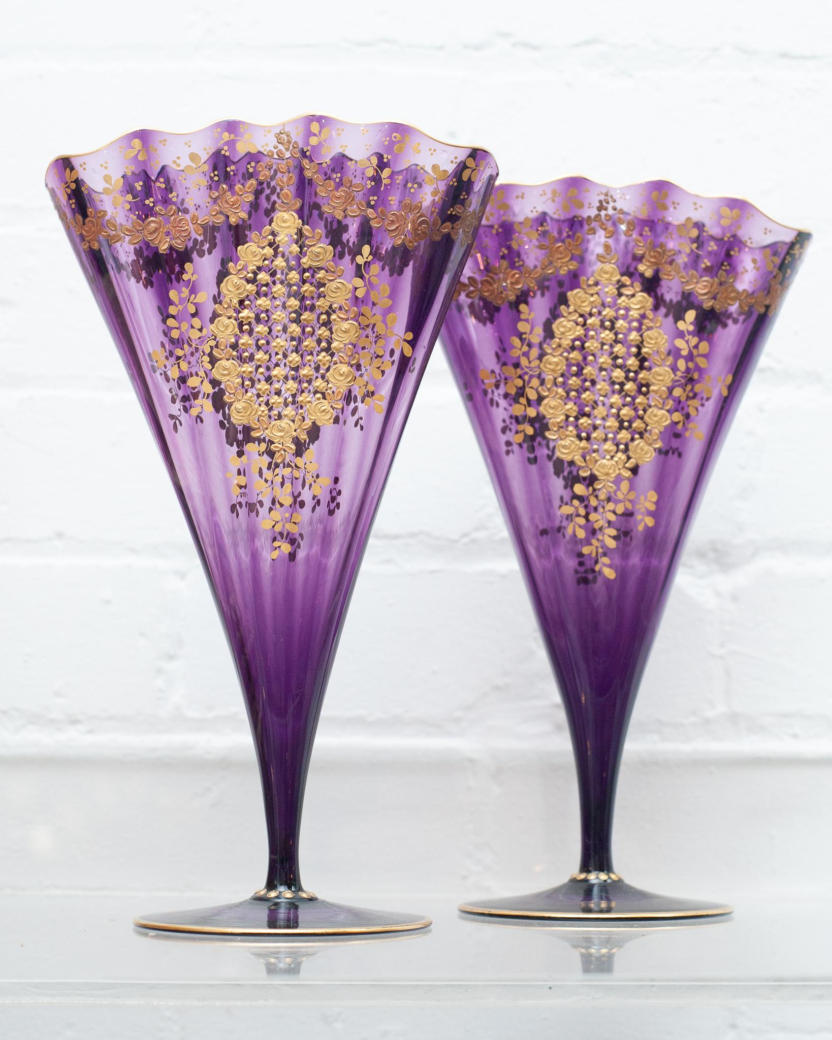 Czech Antique Pair of Moser Amethyst Fan Vases with Elaborate Gilding