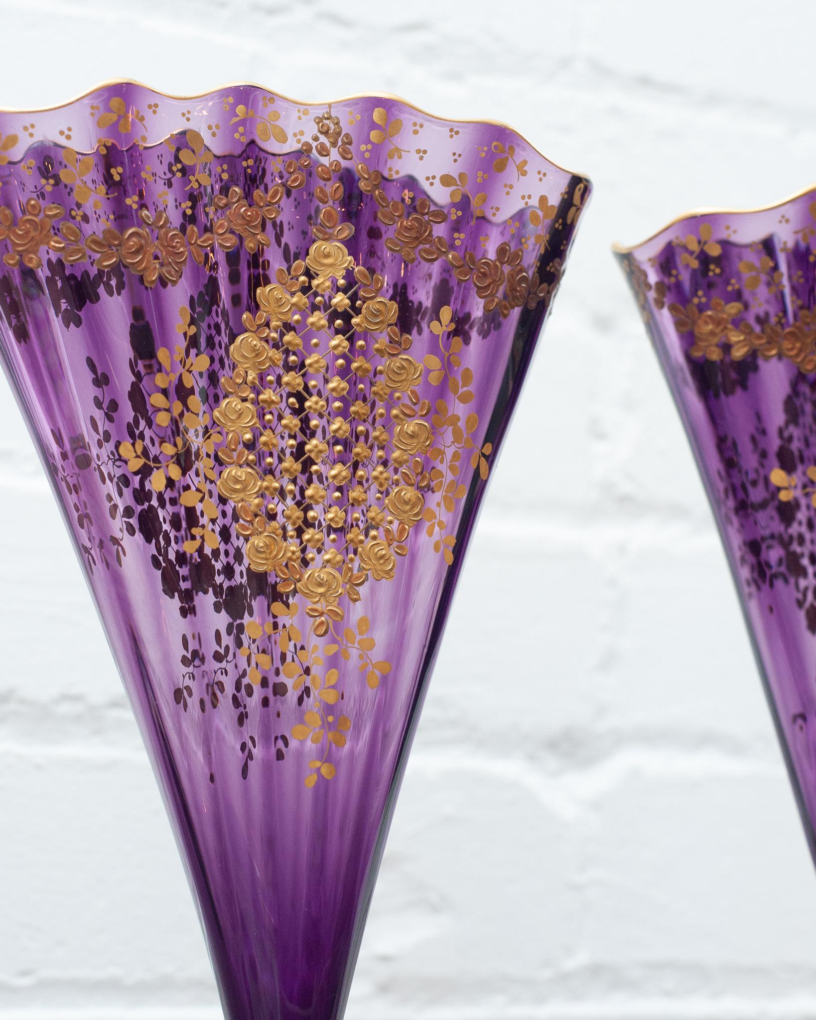 Gilt Antique Pair of Moser Amethyst Fan Vases with Elaborate Gilding
