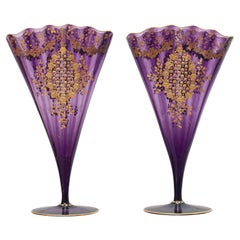 Antique Pair of Moser Amethyst Fan Vases with Elaborate Gilding