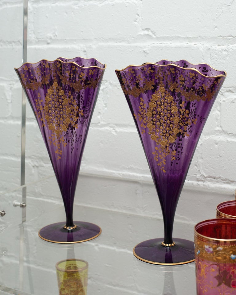 Czech Antique Pair of Moser Amethyst Purple Fan Vases with Ornate Gilding For Sale