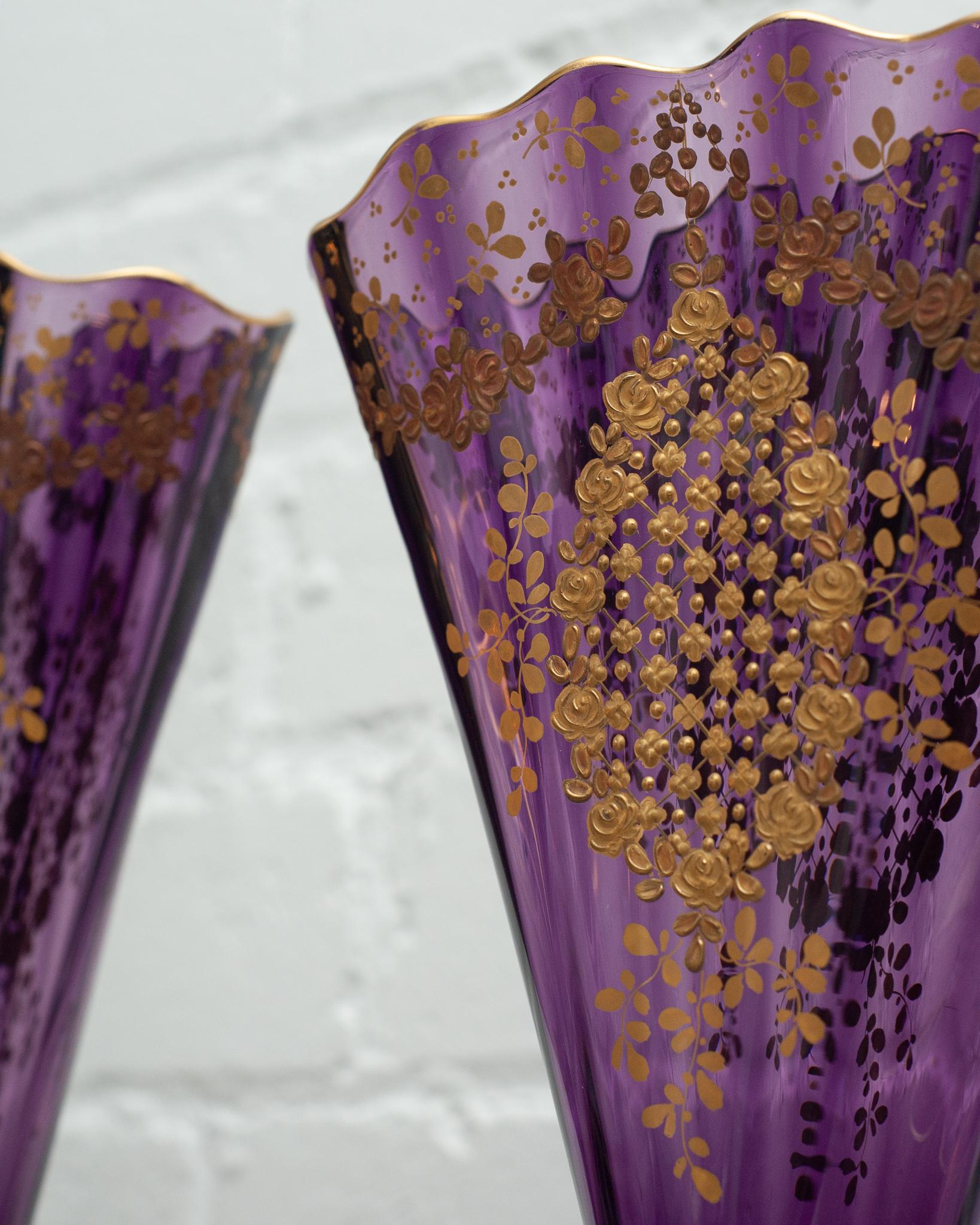 Gilt Antique Pair of Moser Amethyst Purple Fan Vases with Ornate Gilding